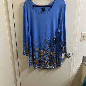 JM Collection Women Top Tunic Womens Blue- Floral Trim Size 3X